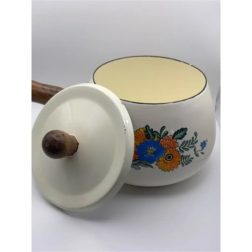 Vintage Kamenstein Floral Enamel Cast Iron Fondue Pot with Wood Handle
